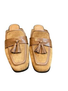 Donald J. Pliner Tan Suede & Leather Tassel Slide Mules